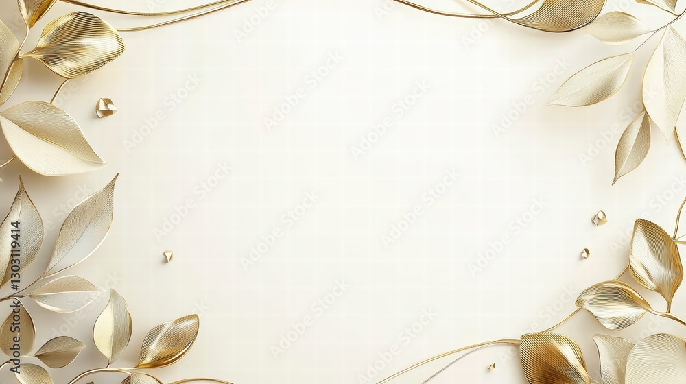 Poster golden leaf frame: delicate golden leaves and strands frame a soft background, perfect for adding a 