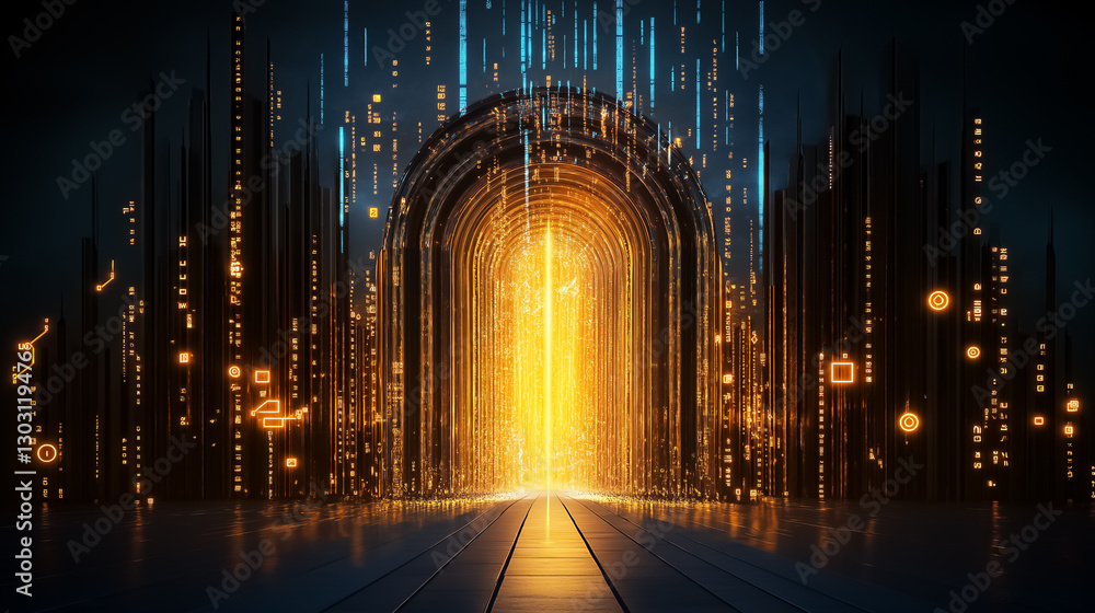 Poster a captivating digital matrix unfolds with symbols cascading downward in a holographic tunnel. glowin