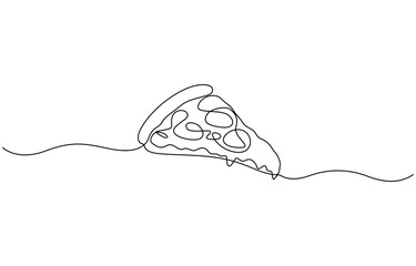 One line Drawing or illustration of slice of pizza with pepperoni and mushrooms, Continuous Line Illustration, Pizza continuous one line drawing vector illustration, Continuous single one.