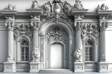 Ornate white building facade, grand entrance, detailed carvings.