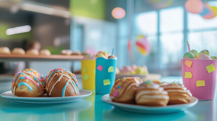 Colorful donuts with frosting and sprinkles on bakery plates, sweet treat snack