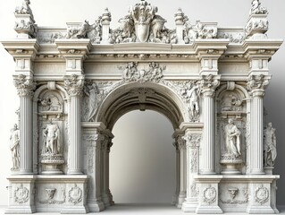Naklejka premium Ornate marble archway, classical sculptures, grand entrance.