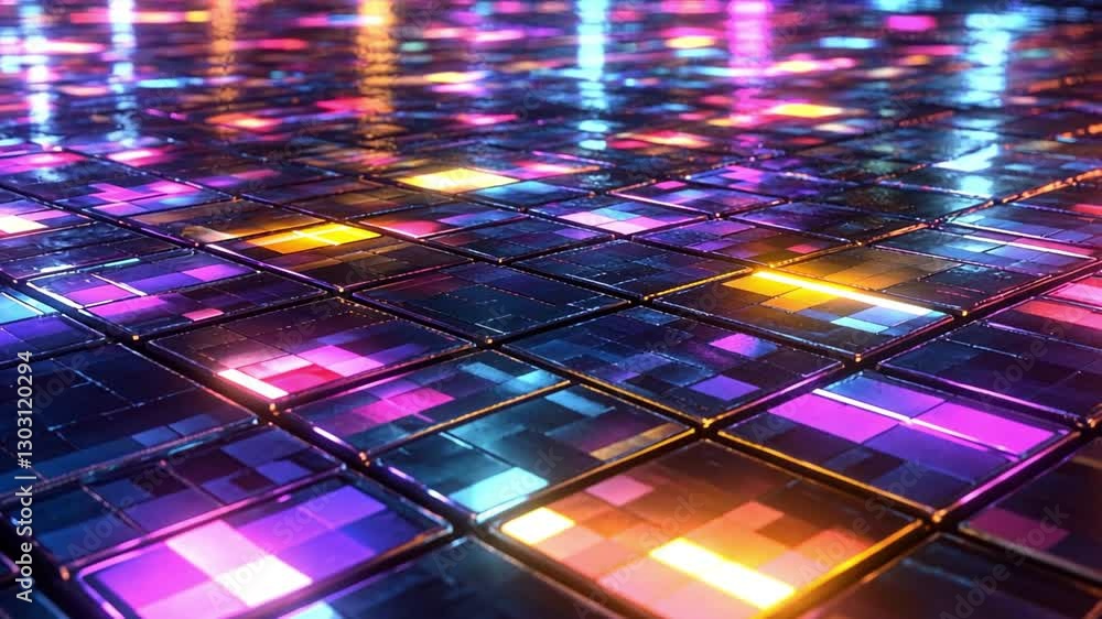 Poster neon floor: a mesmerizing, close-up view of a reflective surface illuminated by a vibrant array of n