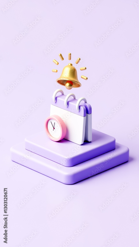 Poster pastel-colored 3d render of a calendar clock and bell symbolizing timely reminders and scheduling