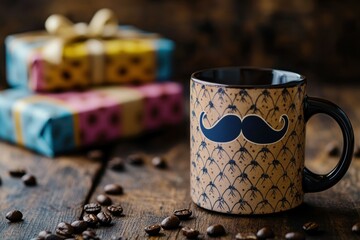 Stylish Coffee Mug with Mustache Design Surrounded by Colorful Gift Wraps and Coffee Beans