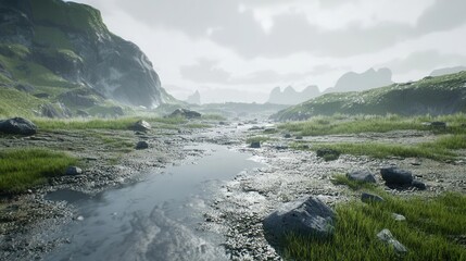 Serene Stream Winding Through a Misty Mountain Valley