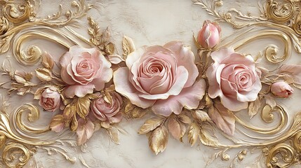 Elegant Pink Roses in Gold Baroque Frame: A Luxurious Floral Design