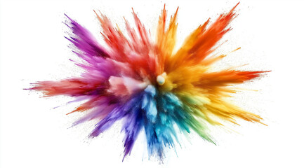 Vibrant rainbow-colored powder explosion isolated on a crisp white background creating a dynamic and energetic visual effect. Perfect for PNG images, artistic designs, and creative digital projects."