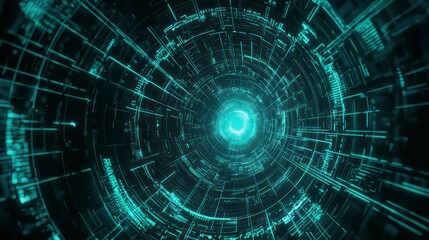Fototapeta premium Cybernetic Tunnel Vision: An abstract perspective of a futuristic cybernetic tunnel, showcasing intricate digital lines and a mesmerizing, glowing core, evokes the energy of technological advancement