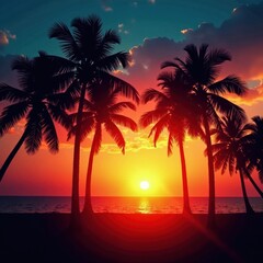 Silhouetted coconut palms at sunset, aged photo effect , texture, nature, twilight