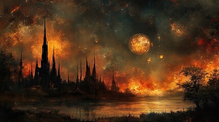 Fiery Alien Cityscape Moonlit Night