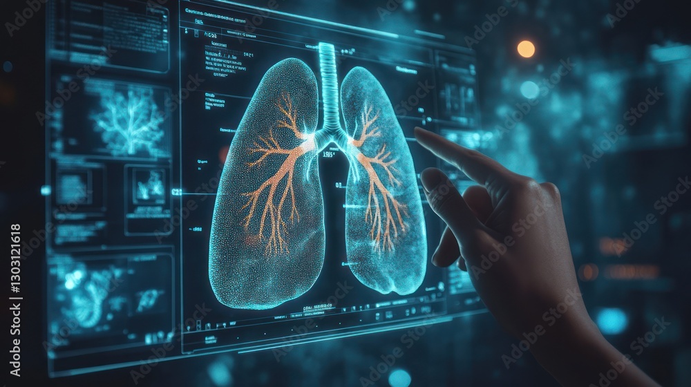 Poster hand interacting with a digital lung scan on a futuristic screen.