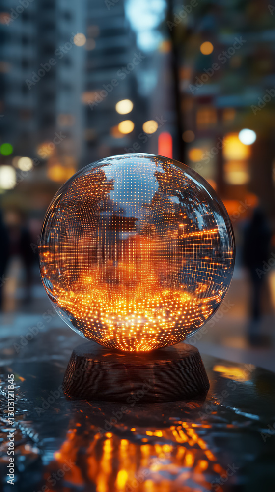 Poster a mesmerizing spherical structure filled with data matrix patterns emits a warm glow, casting shifti