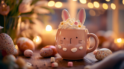 Festive Easter bunny mug with chocolate and spring decor for holiday celebration