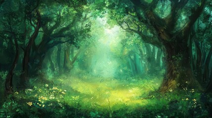 Enchanting Green Forest Sunlit Meadow Lush Foliage Tranquil Nature Scene