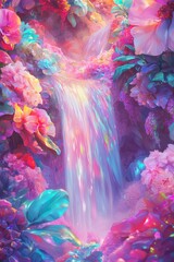 Enchanting waterfall surrounded by vibrant flowers serene nature scene lush environment artistic viewpoint dreamy concept