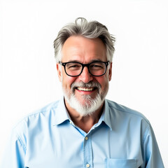 portrait of a smiling senior man with gray hair wearing glasses and a light blue shirt
