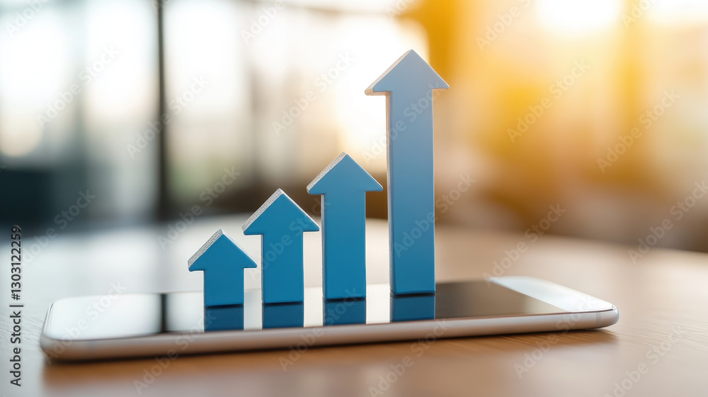Poster growing graph displayed on smartphone, symbolizing progress and success