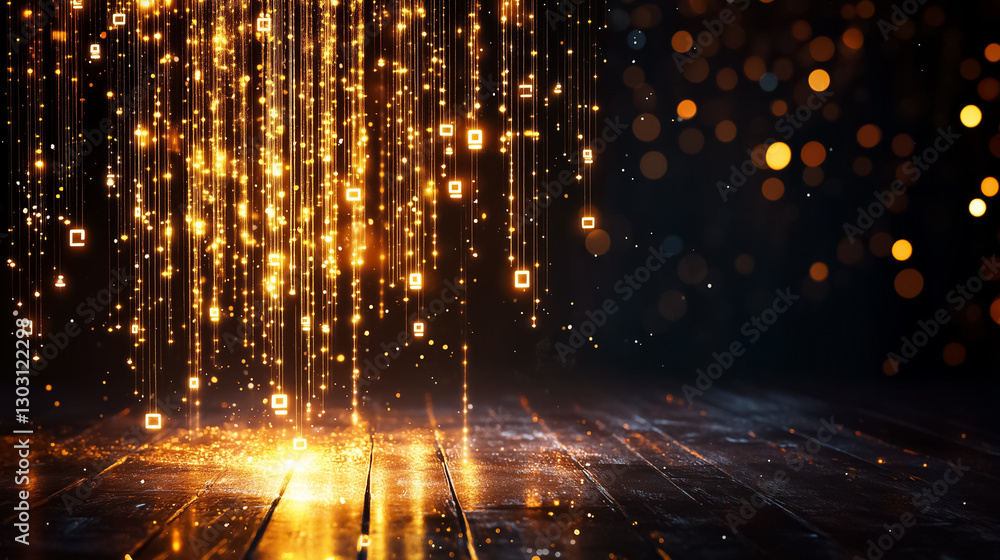 Poster illuminating symbols cascade through an ethereal digital matrix, merging light and shadow in a capti
