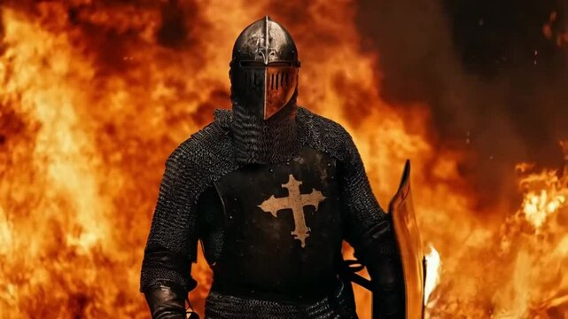 a medieval ight on a fiery background, smooth repeating motion for background video animation