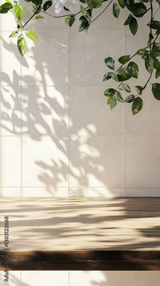Poster bright sunlight filters through lush green leaves, creating intricate shadows on a rustic wooden sur