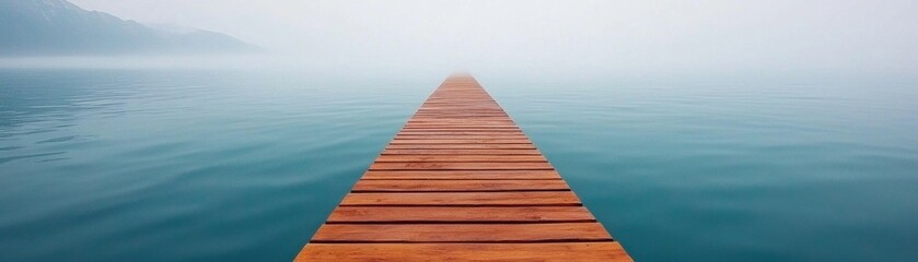 Obraz premium A serene wooden pier extending over calm water on a foggy day.