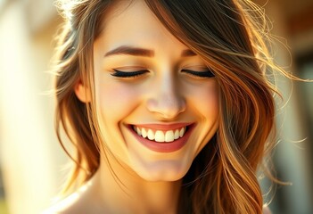 Fototapeta premium Photorealistic portrait of a laughing young woman in sunlight