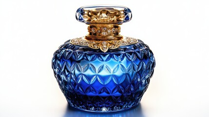 High-resolution image of a luxury fragrance bottle, deep blue glass with golden accents, crisp reflections.