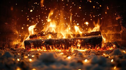 Cozy fireplace fire burning logs, warm ash, sparks