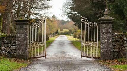 A double wrought-iron gate, featuring stone pillars and a white wrought iron entrance gate leading to a rural property. A street scene with no people present
