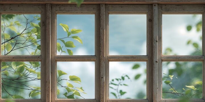 Wooden framed window with panes showing outdoor foliage views.