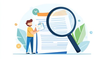 Man Examining Document with Magnifying Glass in Bright Workspace