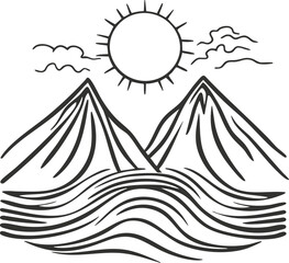 Minimalist line art of mountains with sun and waves.