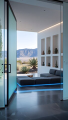 Walking barefoot across the polished basalt floors, subtle motion-activated blue light strips illuminate pathways, enhancing both function and ambiance.