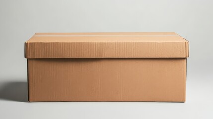 Minimalist white-background studio shot of a brown parcel box, sharp details, ultra-realistic finish.