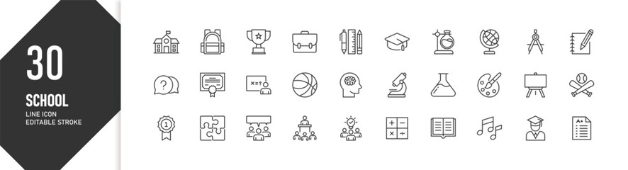 30 School Education Line Icons Set for Learning, Teaching, and Academic Design, Editable Stroke Icon Pack