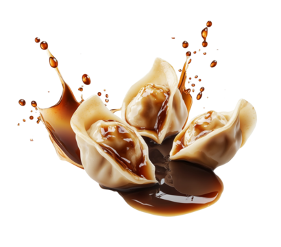 Dumplings with Soy Sauce Splash Isolated on White and Transparent Background