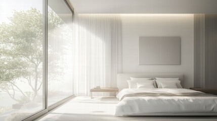 Serene Bedroom with Natural Light: A tranquil bedroom bathed in soft, natural light, featuring a minimalist design, a large window overlooking lush greenery.