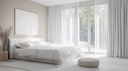 Serene Bedroom Interior: An airy and minimalist bedroom, bathed in natural light filtering through sheer curtains, offers a sense of tranquility and calm.