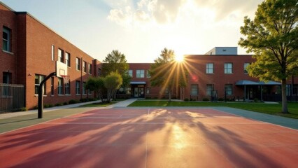 A schoolyard featuring a basketball court and the exterior of a school building, captured in the warm light of a sunny evening. The school yard also includes a playground area