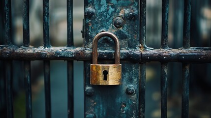 A large iron gate secured firmly with a padlock. 