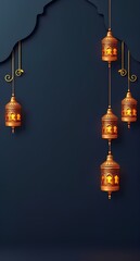 Obraz premium Luminous Oriental Lanterns Against Deep Blue with Gold Botanical Details