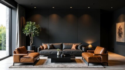 A sleek luxury living room with a matte black textured wall, ornamental olive trees in metal planters, a glass coffee table, leather seats, and recessed lighting creating a warm, modern ambiance
