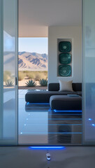 Walking barefoot across the polished basalt floors, subtle motion-activated blue light strips illuminate pathways, enhancing both function and ambiance.