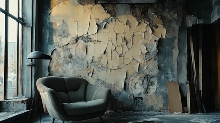 Decaying room chair wall and window light.