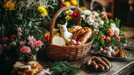 Easter spring celebration with decorated basket flowers chocolates and candy