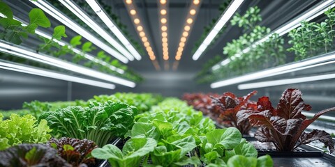 Obraz premium Indoor hydroponic farm with various types of lettuce growing under artificial lights