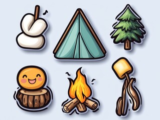 Colorful camping-themed illustrations featuring a tent, campfire, and marshmallows