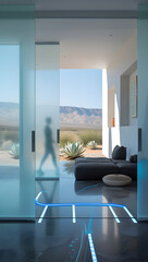 Walking barefoot across the polished basalt floors, subtle motion-activated blue light strips illuminate pathways, enhancing both function and ambiance.
