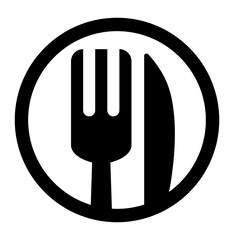 icon a fork and knife inside a circular border symbolizing food dining or a restaurant.